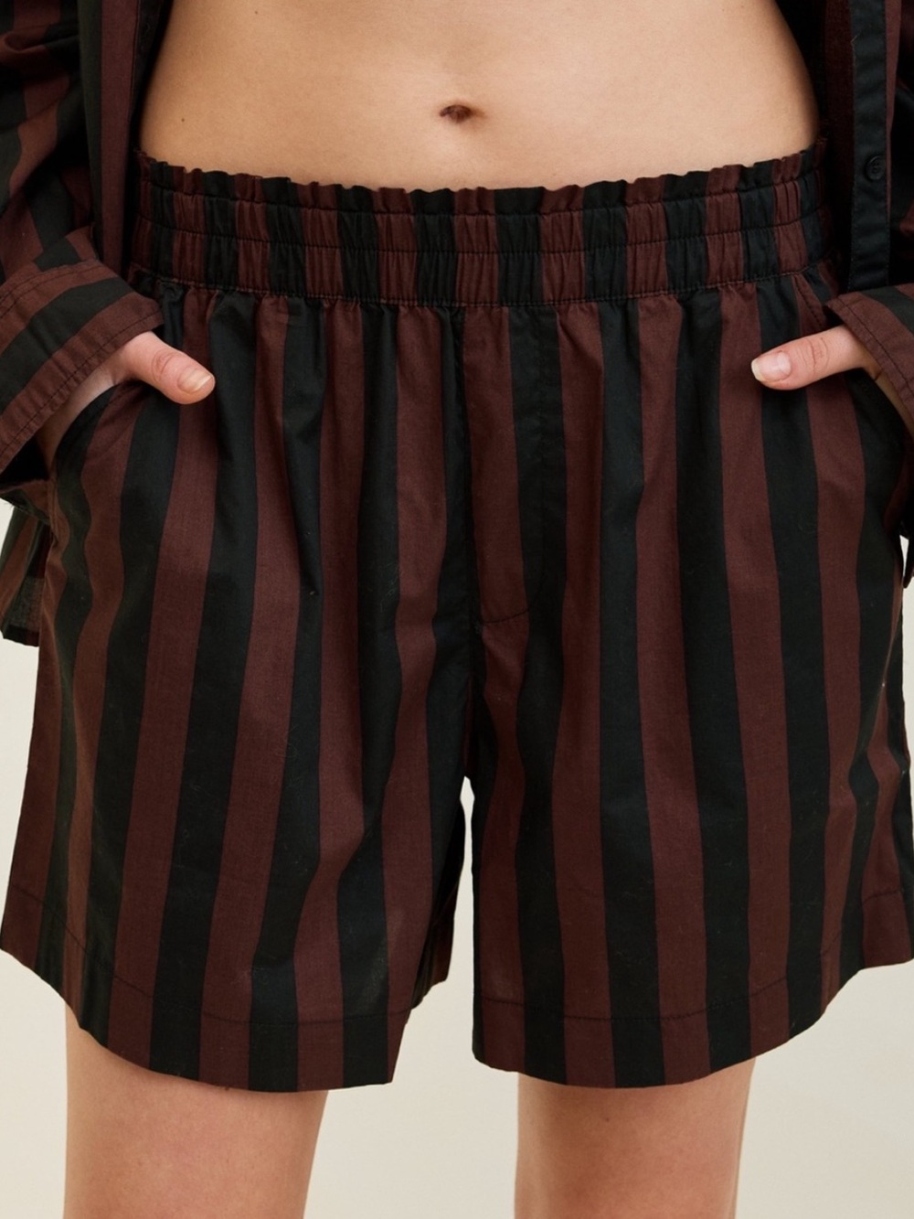Aerie Women L Brown Black Striped Cotton Elastic Waist High Rise Good Day Shorts